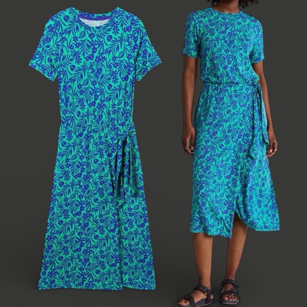 Boden Amanda Jersey Midi Dress Sz 10R Green Blue Foliage Floral Print EUC Spring